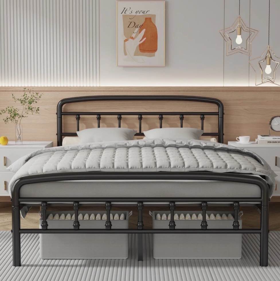 Condition photo showing New/Like New for metal full size bed frame with headboard,victorian style headboard and footboard, no squeak, heavy duty 1500lbs support, easy 30-min tool-free assembly, no box spring needed/underbed storage