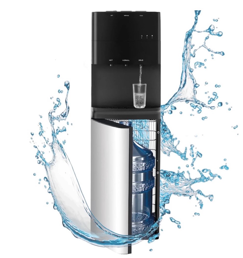 bottom loading water dispenser with compressor cooling, stainless steel body & aluminum motor, high dispensing area, safety lock