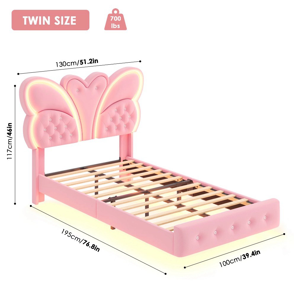 Condition photo showing Good Condition for homfa twin size velvet upholstered bed with led lights, floating platform bed frame with butterfly crystal button tufted headboard, pink