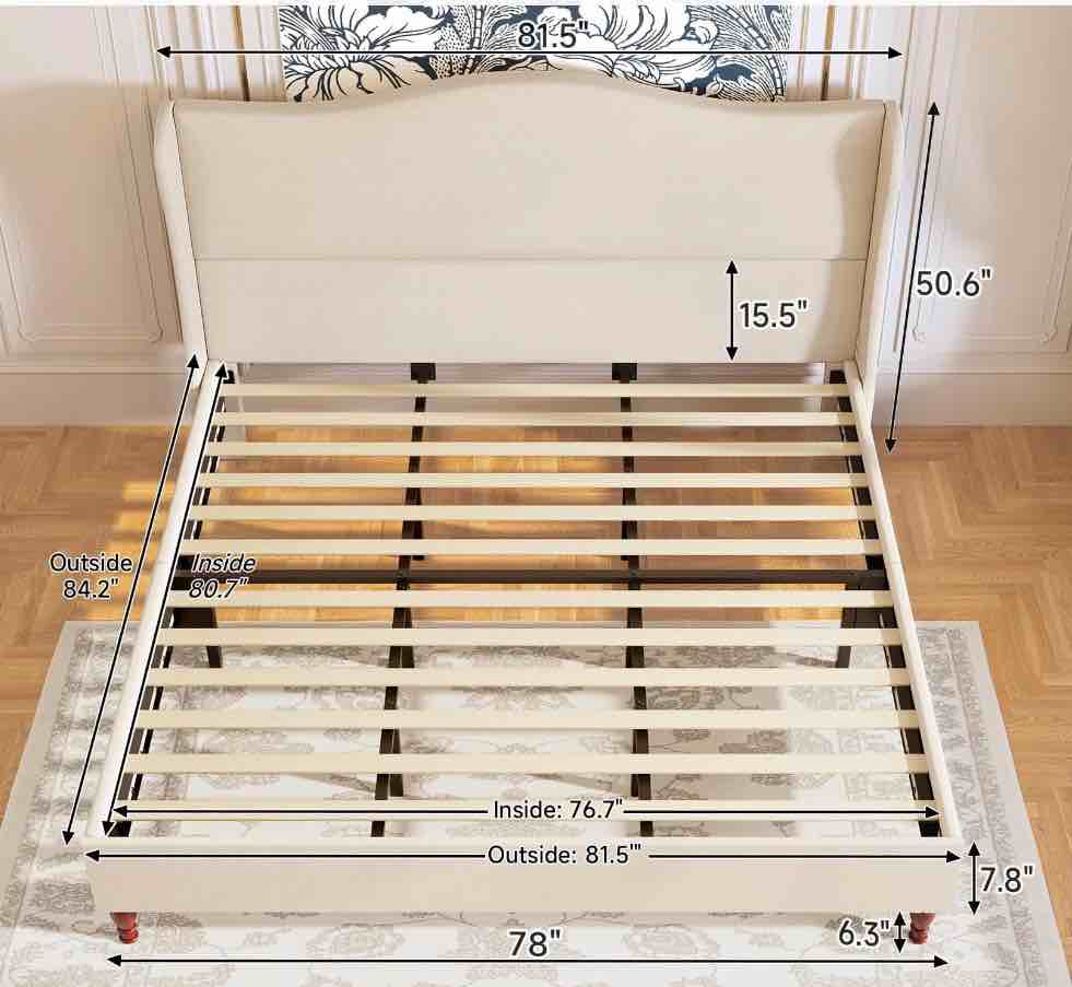Condition photo showing New/Like New for neche king upholstered platform bed frame - 51" tall curved wingback, soft fabric, retro sleigh style, no box spring needed, easy assembly, beige