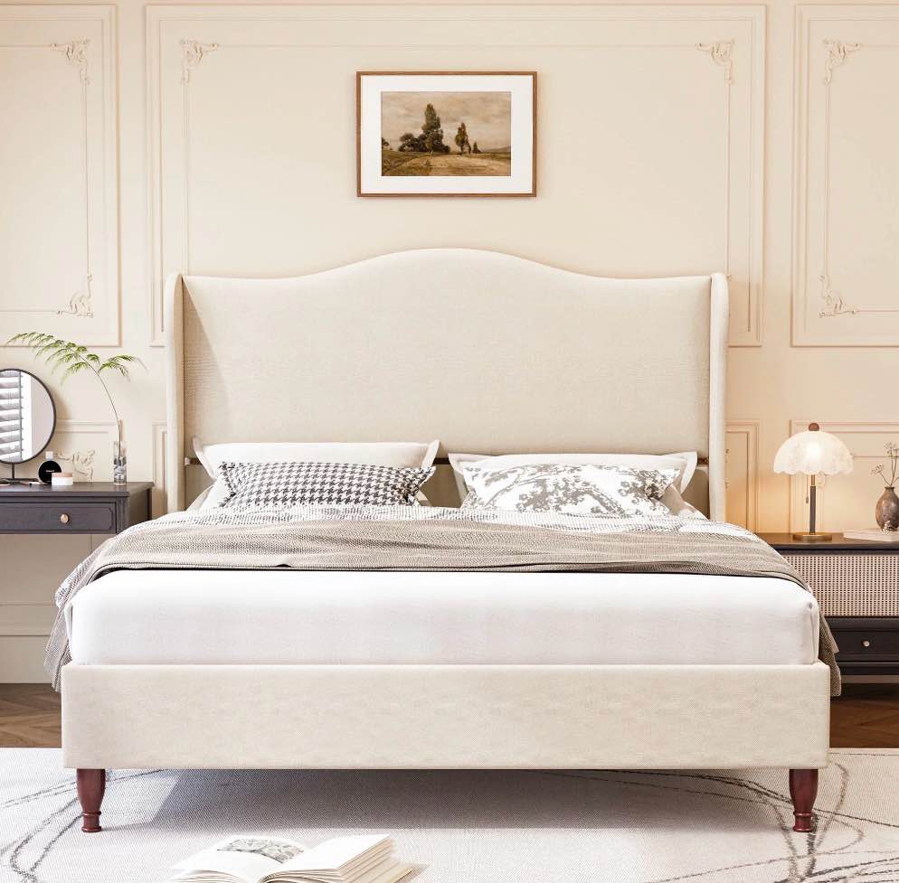 neche king upholstered platform bed frame - 51" tall curved wingback, soft fabric, retro sleigh style, no box spring needed, easy assembly, beige