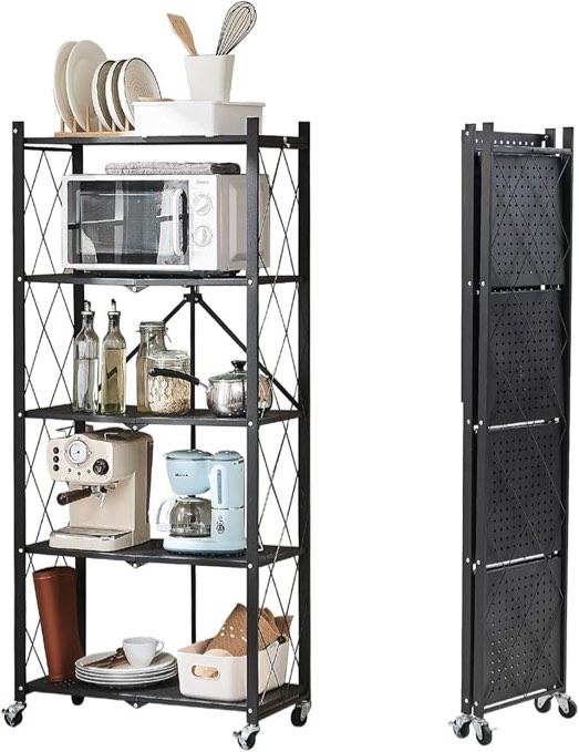 cookcok 5-tier storage shelving unit  metal shelf 27.9 x13.4 x62.5  foldable storage shelf with wheels  garage shelf  metal storage rack  kitchen shelf with 4 hooks  no assemble require