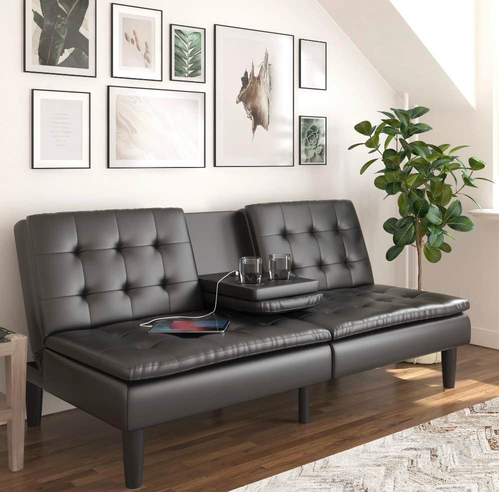 mainstays memory foam 71.5" futon with cupholder and usb, black faux leather