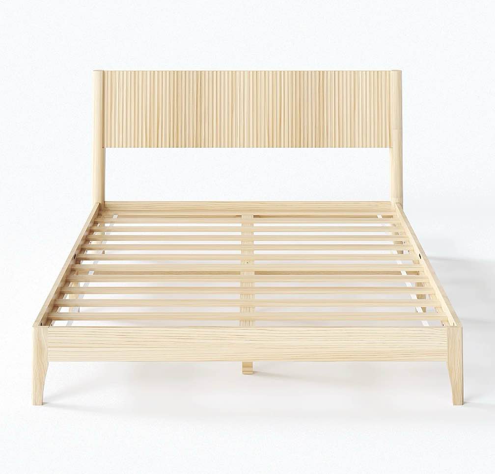 zimtown queen wood platform bed frame with flutted headboard, sturdy solid slats & under bed storage, wood color