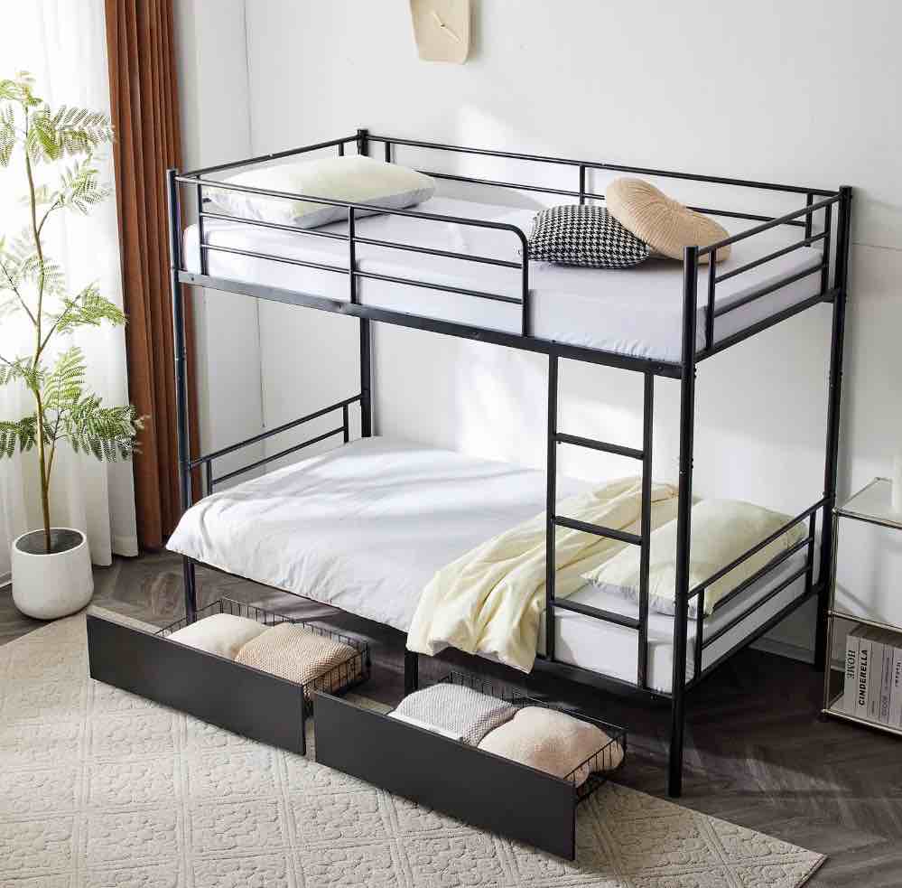 ktaxon metal twin over twin bunk bed with 2 drawer & 2 ladders for bedroom, black