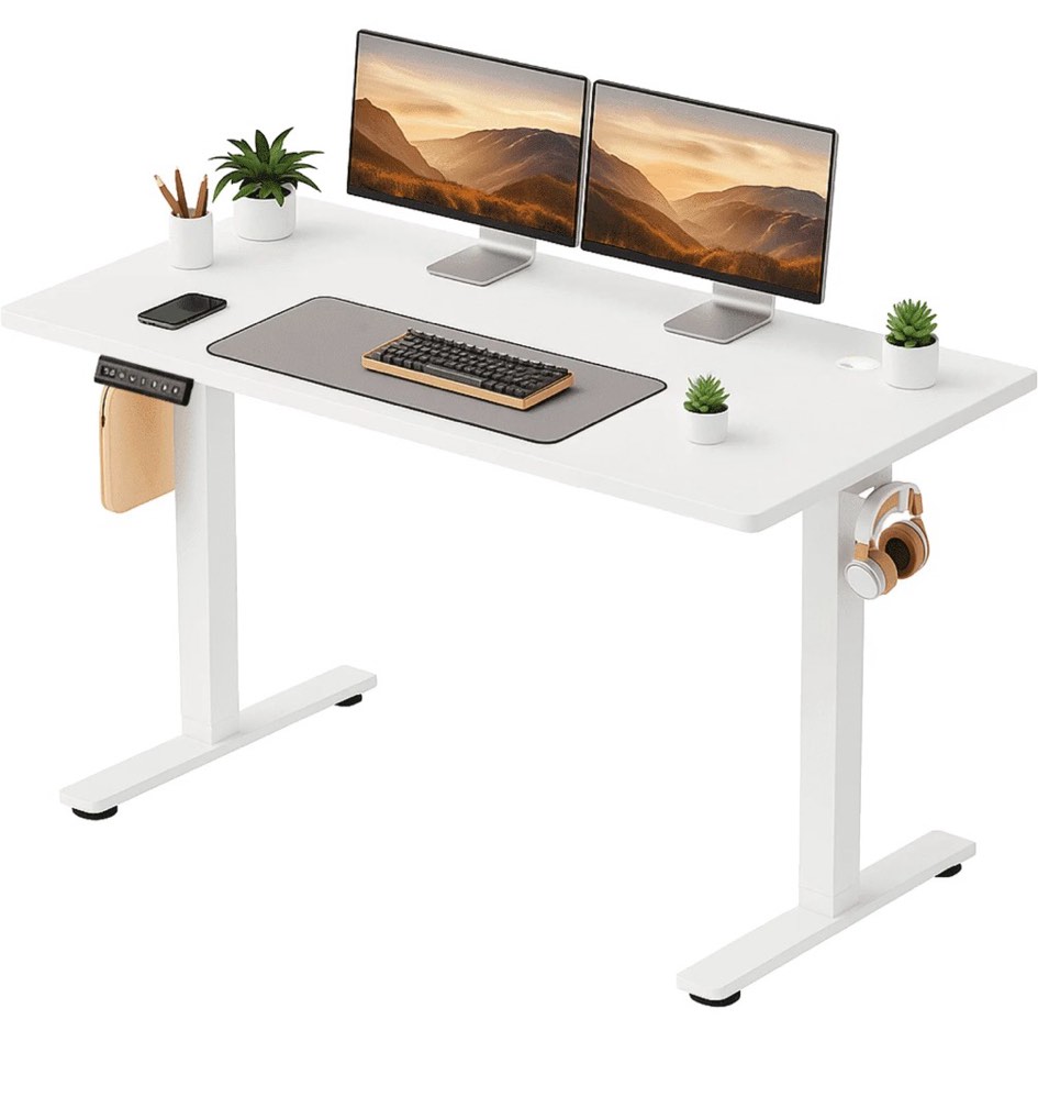concetta electric height adjustable desk, 55"x24" ergonomic sit stand workstation, one-touch lift home office desk, white