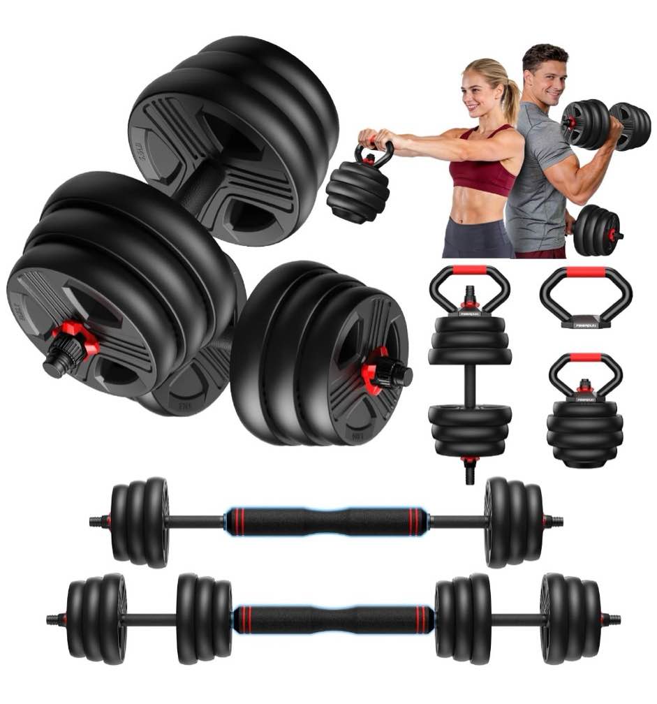 upgo adjustable dumbbells, 55lbs free weight set with connector, 5 in1 dumbbells set as barbell, kettlebells, push up stand, fitness exercises for home gym suitable men/wome