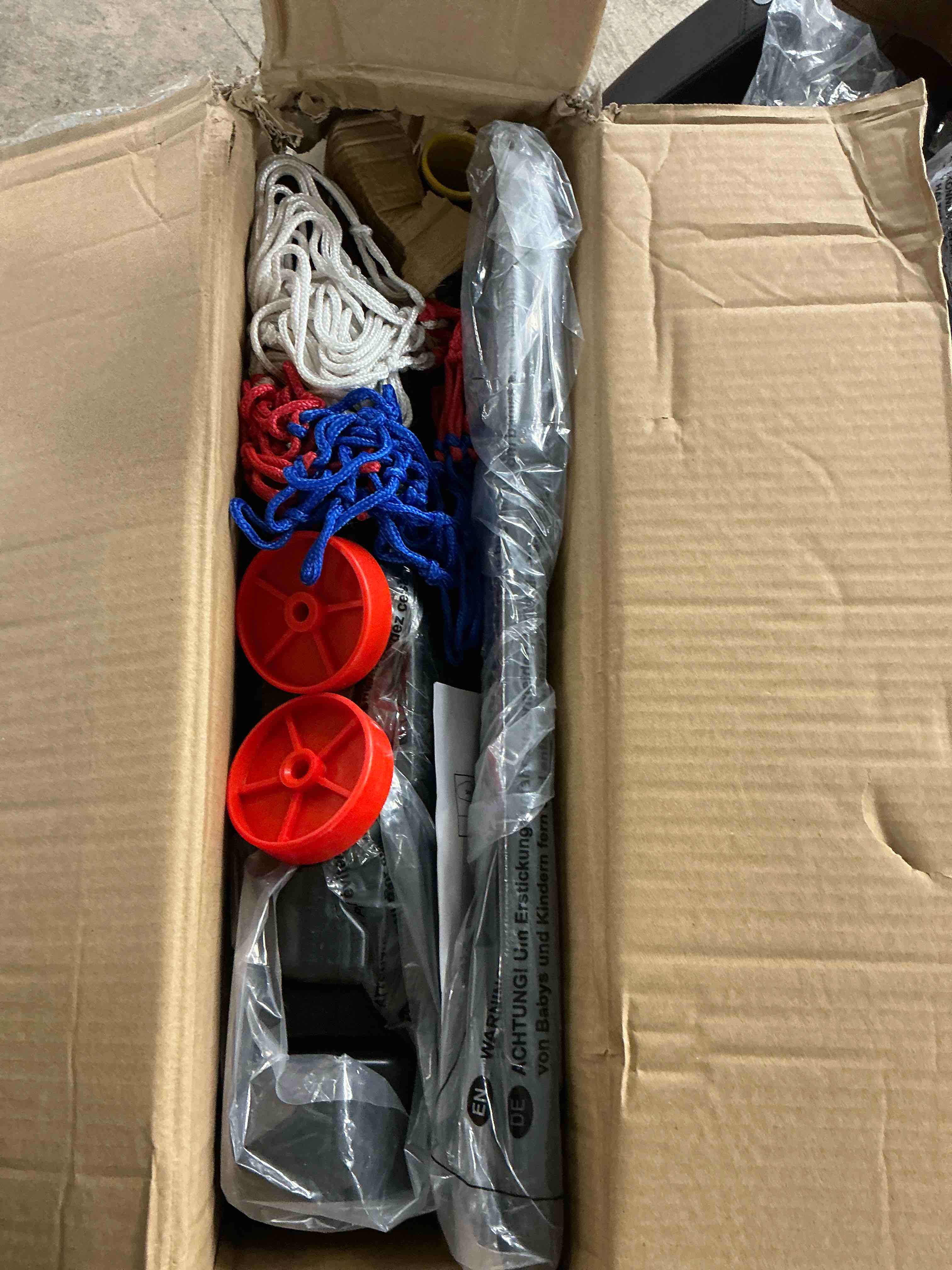 Condition photo showing New/Like New for ktaxon 33 in. portable basketball hoop stand  6.5-8 ft adjustable basketball goal system  with pvc backboard indoor/outdoor