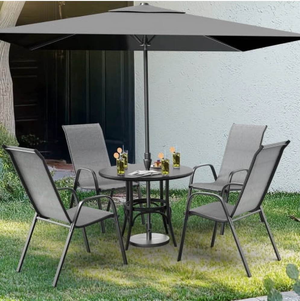 Condition photo showing New/Like New for ktaxon 4pcs patio outdoor dining chairs, textilene stackable armrest chairs space saving for backyard porch garden - silver gray