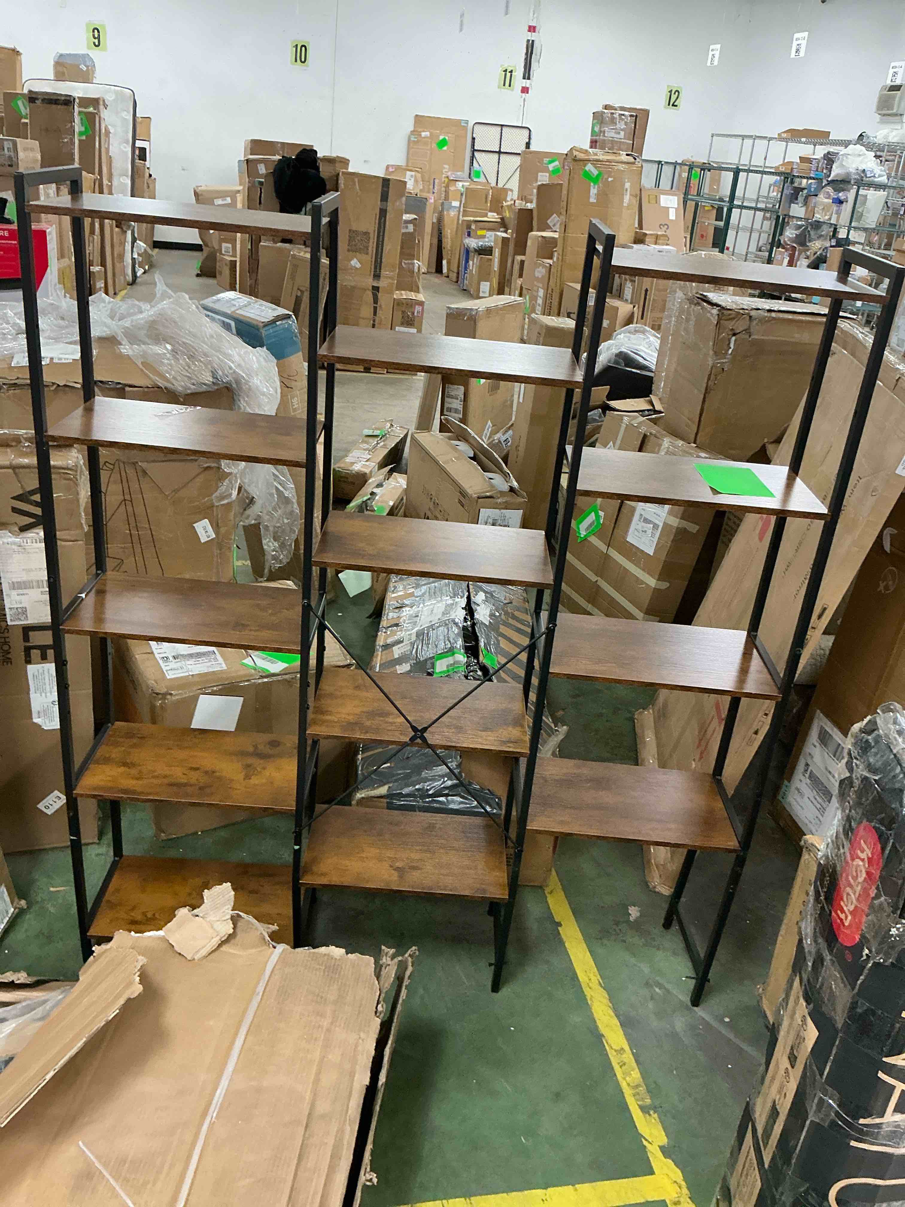 Condition photo showing As Is for numenn triple wide 5 tier bookshelf, rustic industrial style bookcases and bookshelves with 14 open display shelves, modern tall bookcase furniture for bedroom, living room and home office, vintage