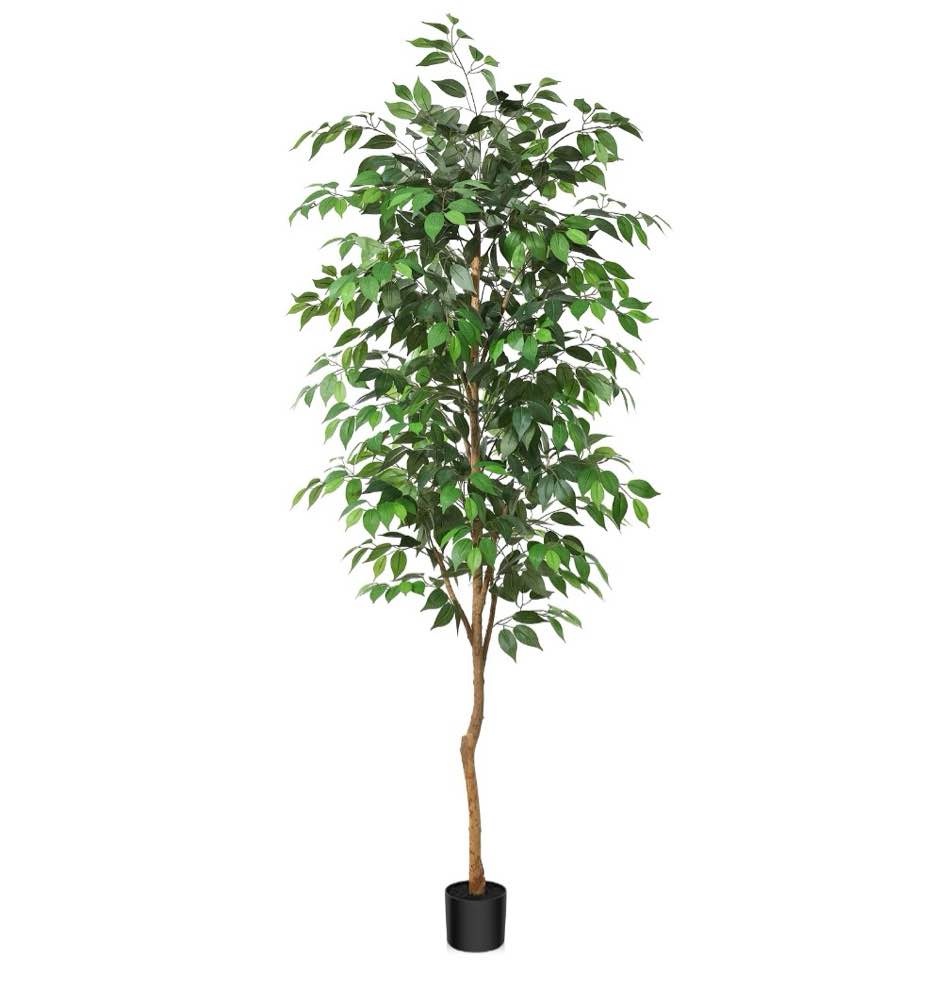 7ft artificial ficus tree with natural wood trunk and lifelike leaves, silk fake potted tree with wood branches, faux tree for office home decor