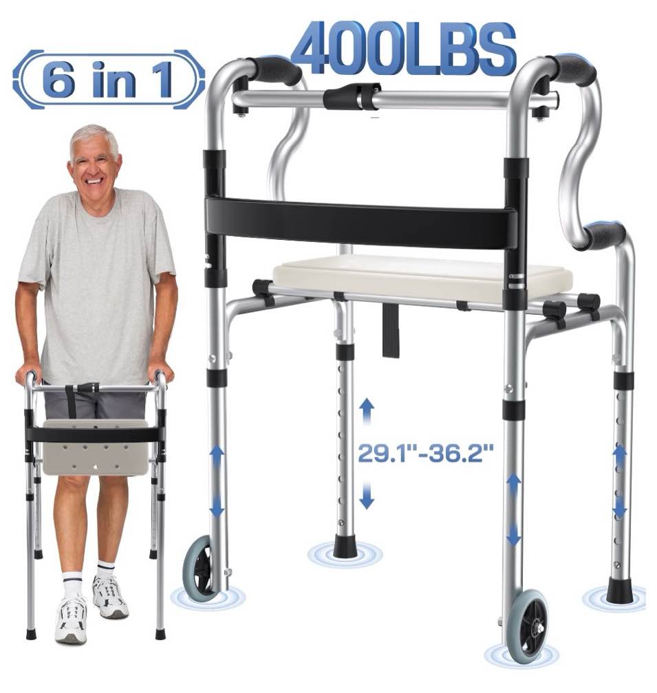reloive 3-in-1 folding rolling walker with 5" wheels | adjustable height (29.1"-36.2") for seniors & adults | lightweight foldable walker | supports up to 400 lbs