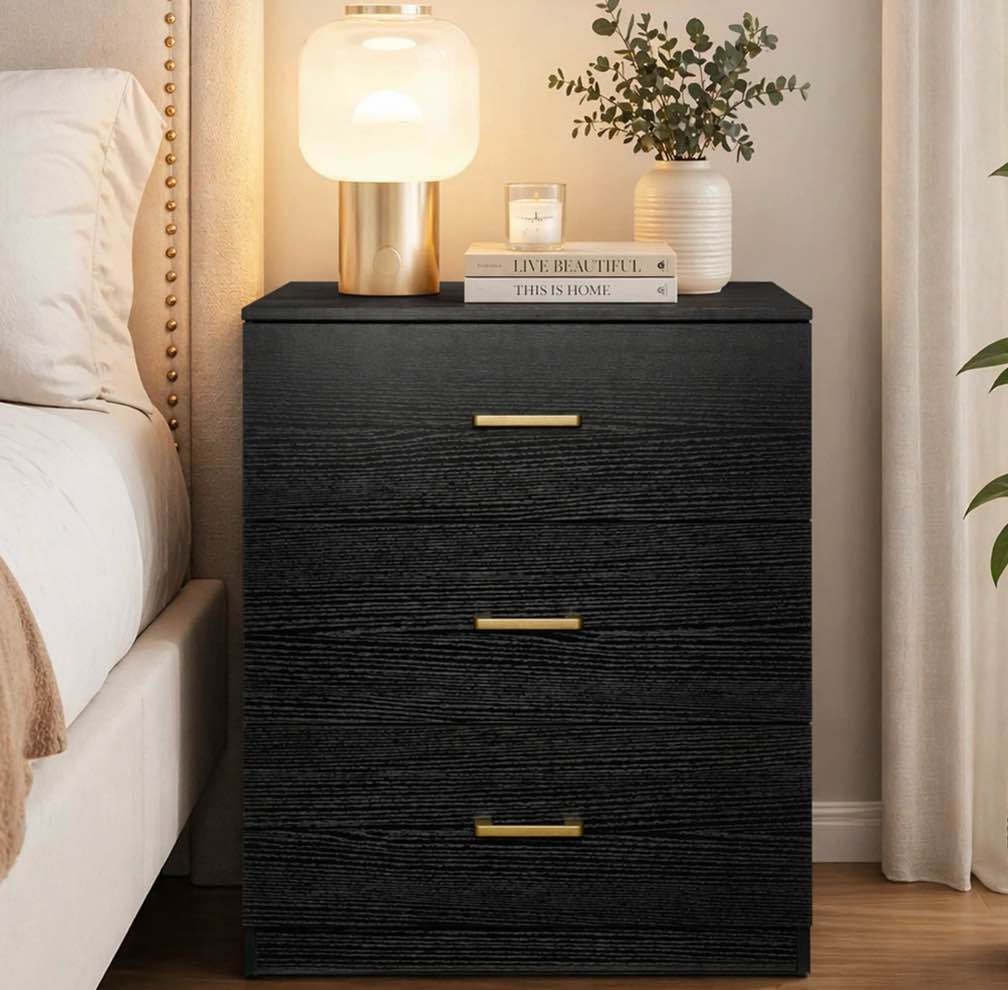 uhomepro nightstand, modern 3 drawer nightstand, black nightstand with gold handle, wooden side table storage cabinet unit for bedroom/living room/small space