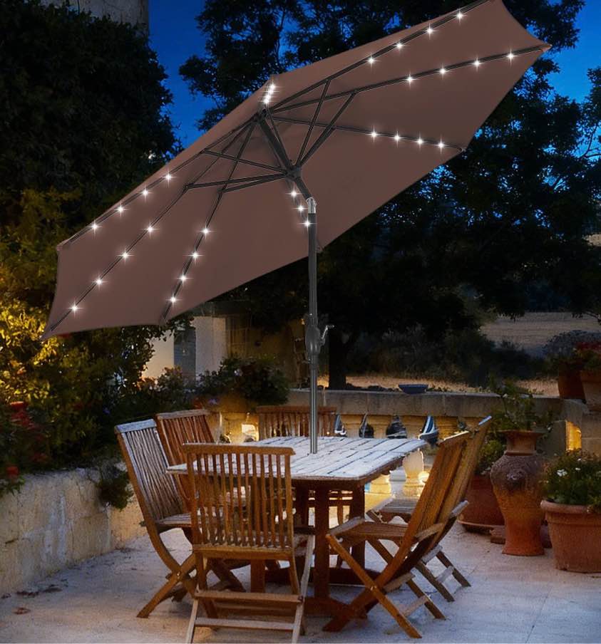 Autlaycil 10ft Gray Patio Umbrellas 32 Solar LED Lights Outdoor Market Umbrella with Tilt Crank  Solar Umnrella