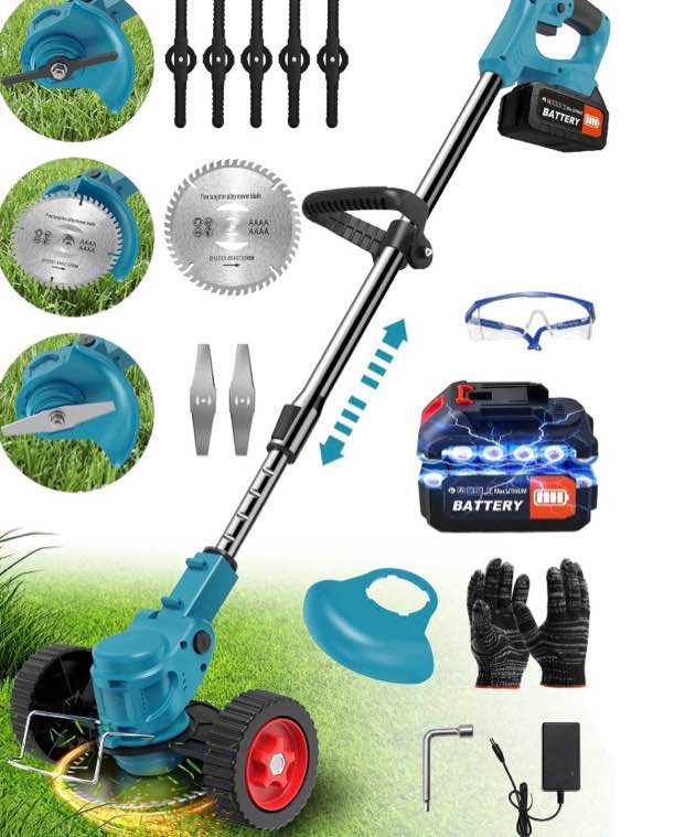 tntants weed wacker cordless, 3-in-1 lightweight electric string trimmer with 3 types of blades, wheels, 24v battery, weed eater grass trimmer/edger/brush cutter for lawn yard garden (blue)