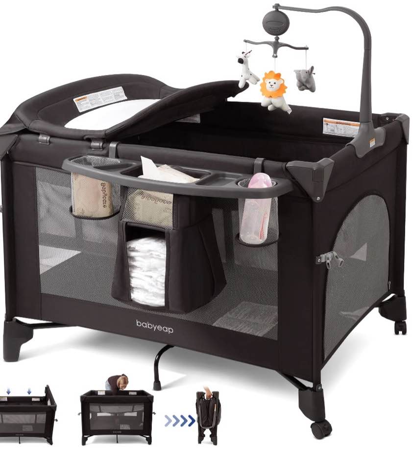 babyeap 4in1 baby bassinet with playard, 1-step fold portable playpen with changing table, bedside sleeper for newborns, black