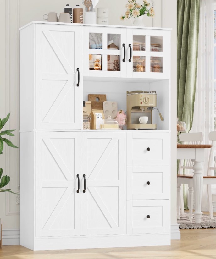 homfa 62? farmhouse pantry cabinet with microwave shelf, kitchen hutch with adjustable shelves, 5-doors freestanding cupboard for living dining room, white