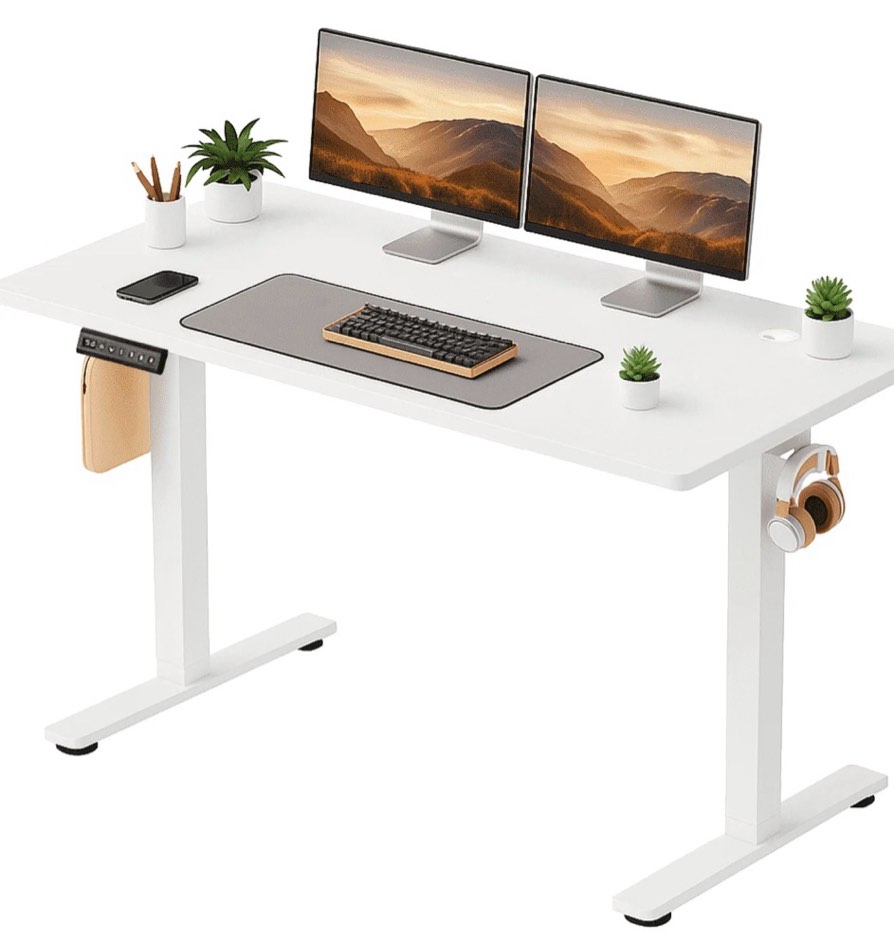 concetta electric height adjustable desk, 55"x24" ergonomic sit stand workstation, one-touch lift home office desk, white