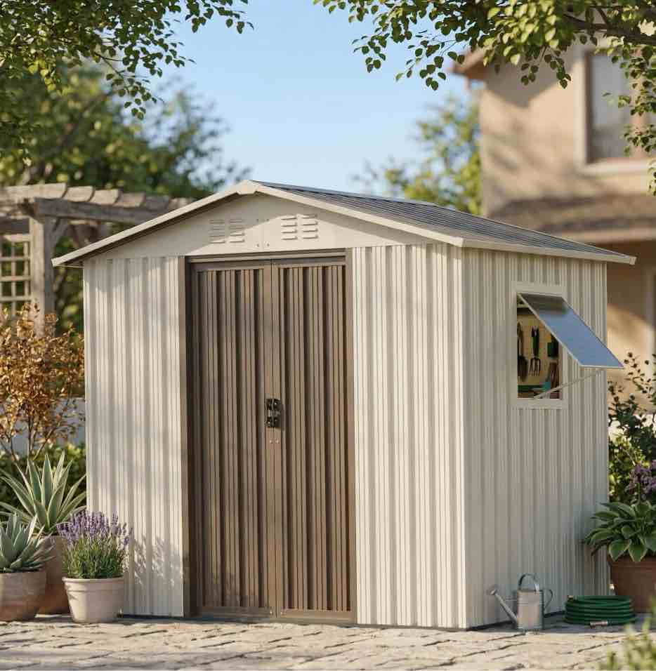 6x4 Outdoor Steel Storage Sheds, Metal Tool Outdoor Shed,With Windows& Air Vent&Gloves,for Backyard,Garden,Lawn,Creamy white