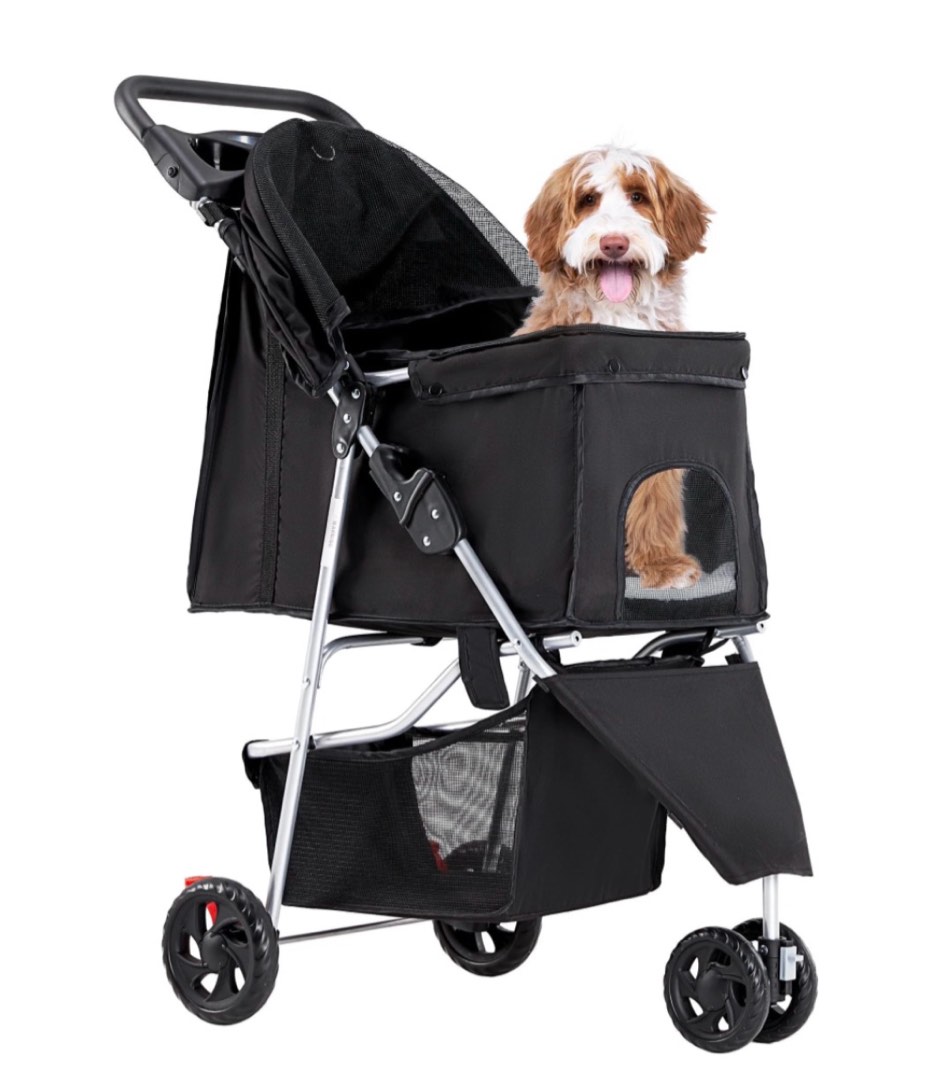 edx Dog Stroller  Pet Travel Folding Carrier with Storage Basket for Cat/Dog  3 Wheels  Black