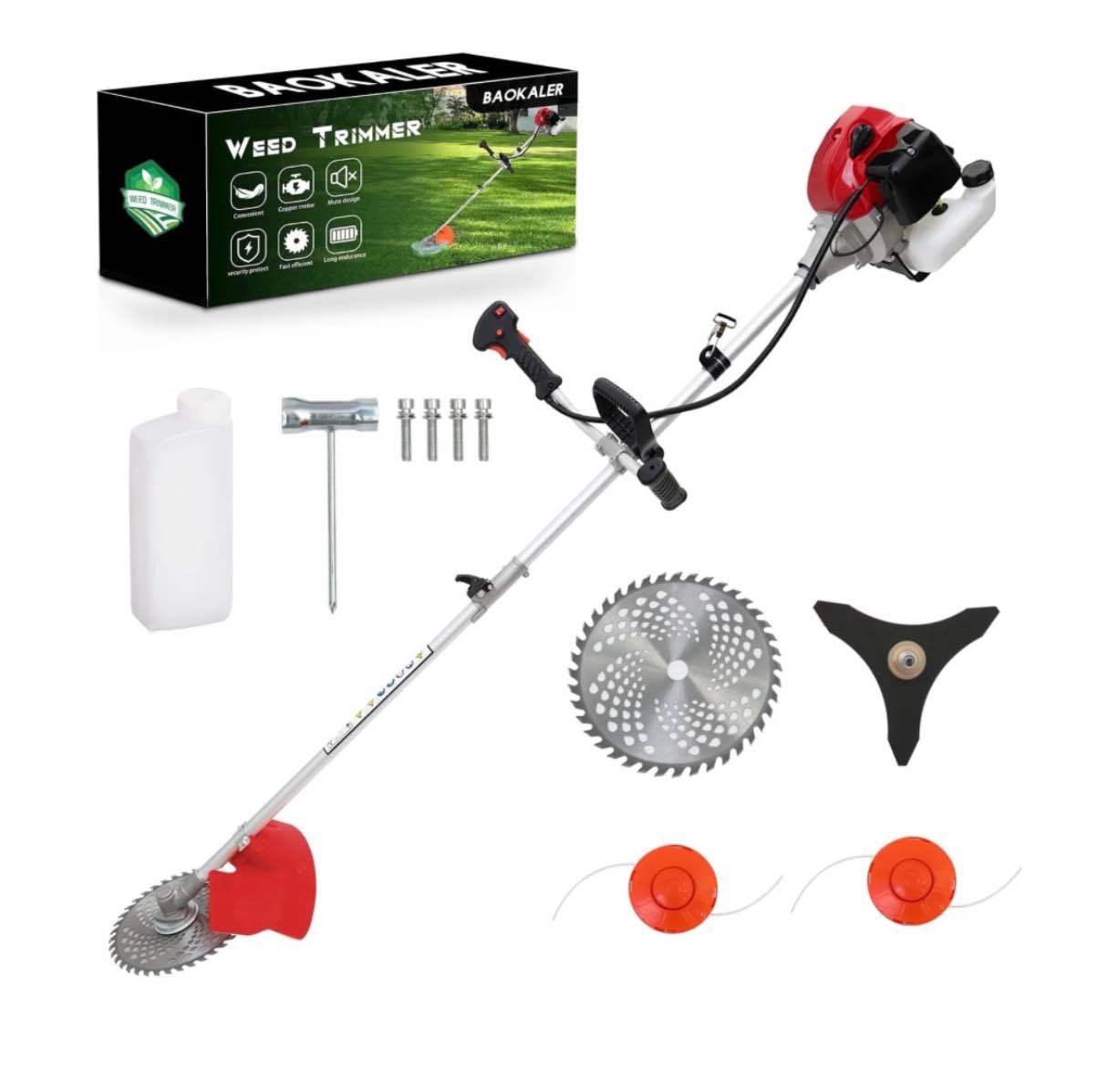 baokaler 52cc gasoline grass string trimmer  2-stroke gas powered weed eater  weed wacker with 4 detachable heads