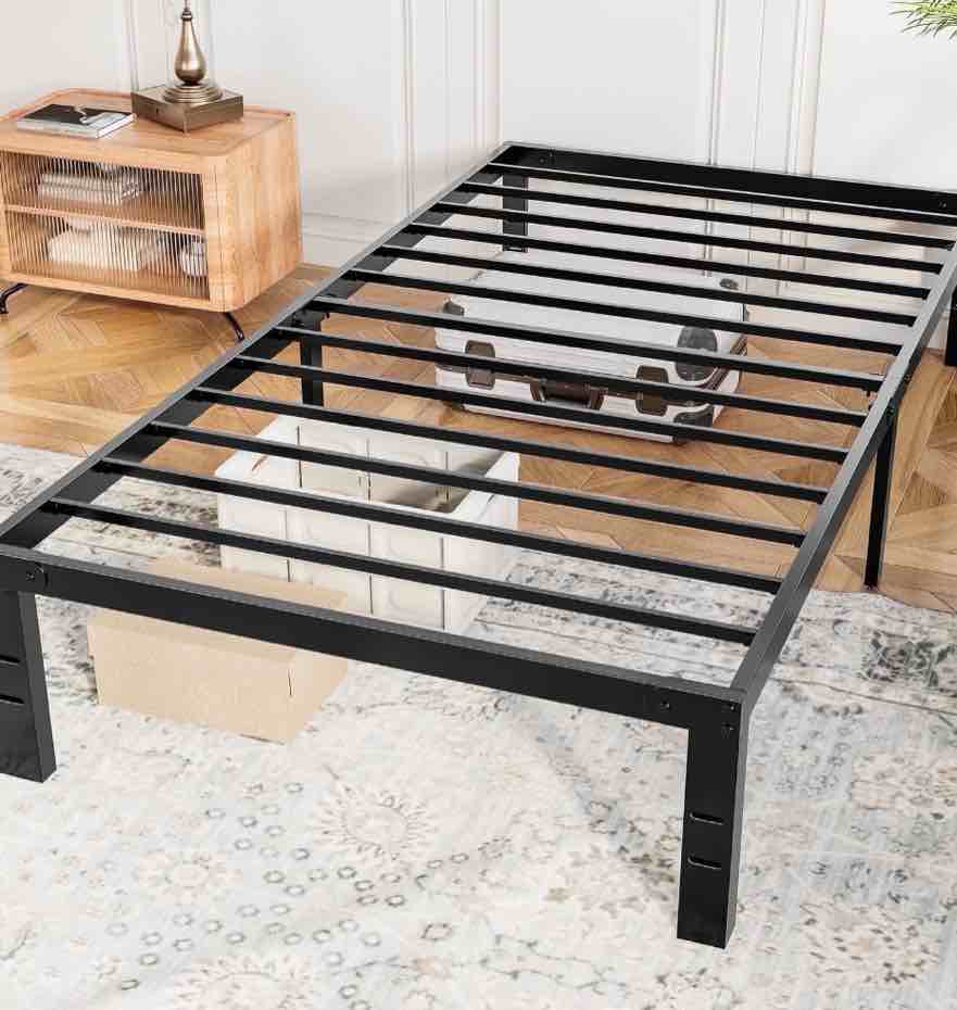 concetta 14" twin bed frame, heavy duty metal platform bed frame with underbed storage for bedroom, no box spring required, black