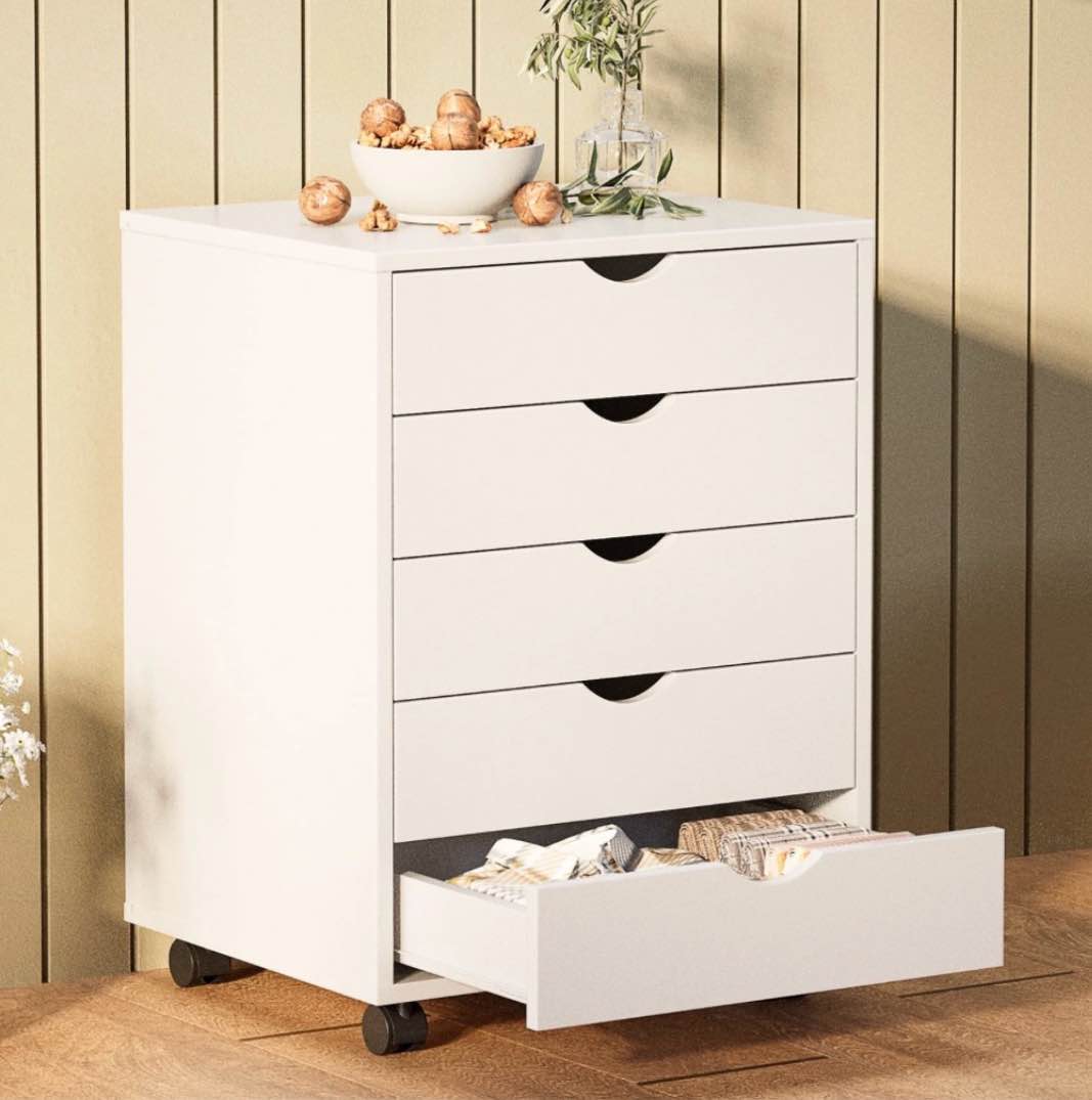 concetta 5 drawer storage cabinet with wheels for bedroom  home  office organization  white