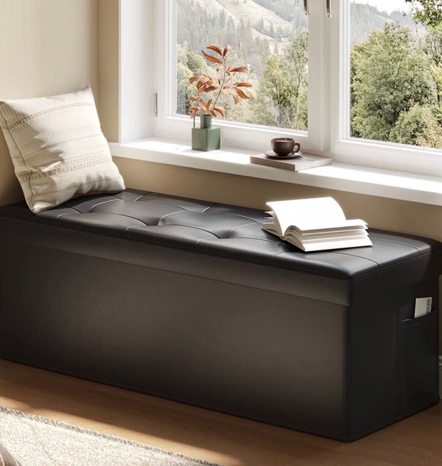 pinmoco 43" storage ottoman bench folding leather storage bench with side pocket for entryway living room, black