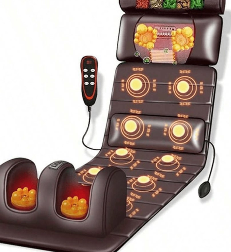 full body massage mat with heat, 10 vibration massage nodes & adjustable head pillow, foldable design for back neck leg pain relief, remote control