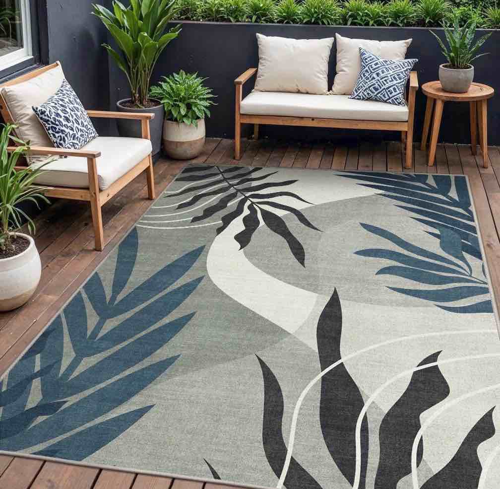deorab outdoor rug 8 x10  chenille patio rug three-layer material imitation silicone spot molding camping outside rv mat blue&grey