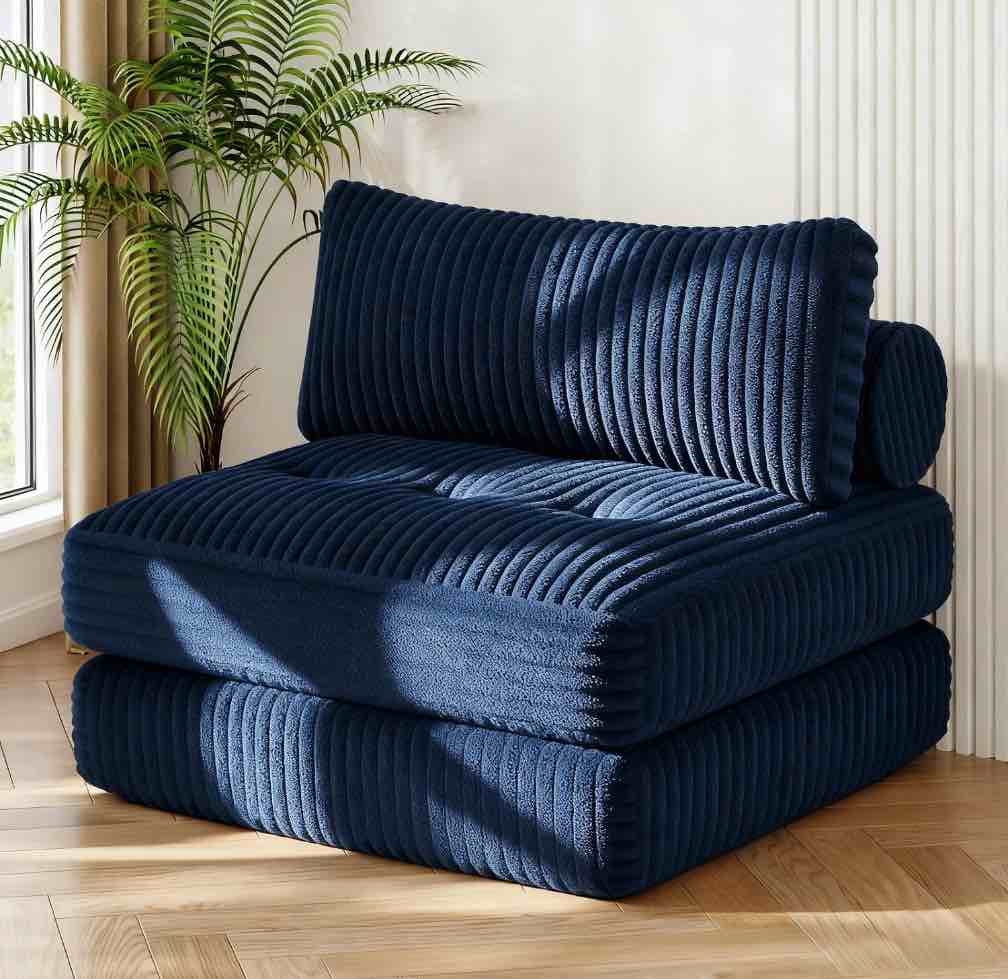neche single corduroy convertible sleeper sofa - folding, pillow included, back support, portable for living room & bedroom, navy