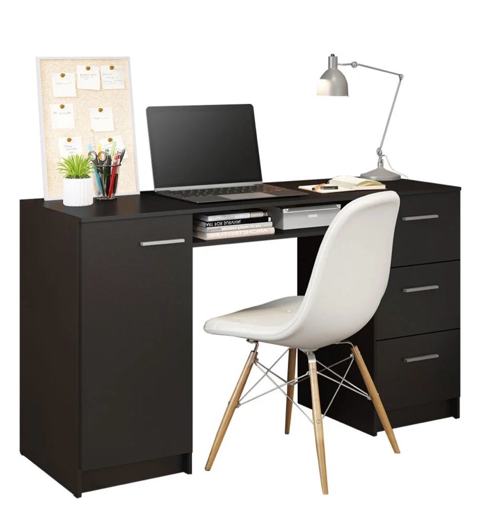 Madesa Modern Computer Desk 53" Study Writing Table for Home Office, Simple Style PC Desk with 3 Drawers, 1 Door and 1 Storage Shelf, Polyester Finish (Black)