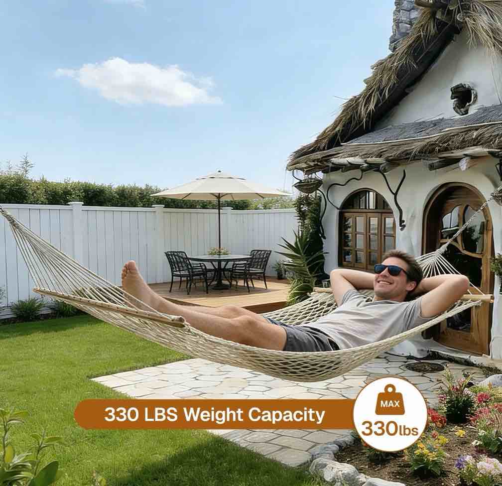 Condition photo showing New/Like New for bn-link cotton rope hammock,handwoven hammock with hardwood spreader bars,double hammock for outdoor backyard patio poolside,330lbs weight capacity, natural