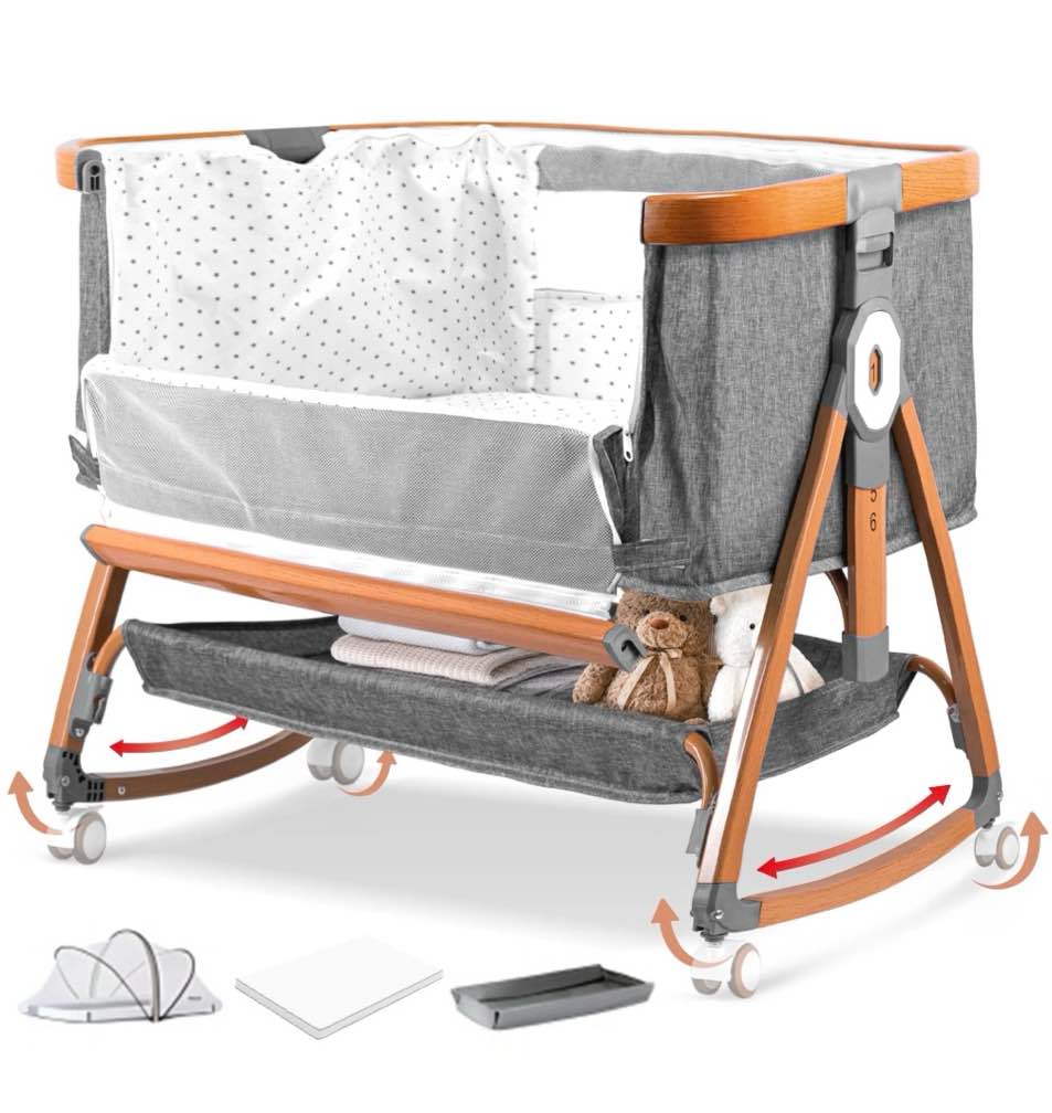 rupoun bassinet bedside sleeper, portable baby crib with 6 adjustable heights and breathable mesh panels, foldable, gray