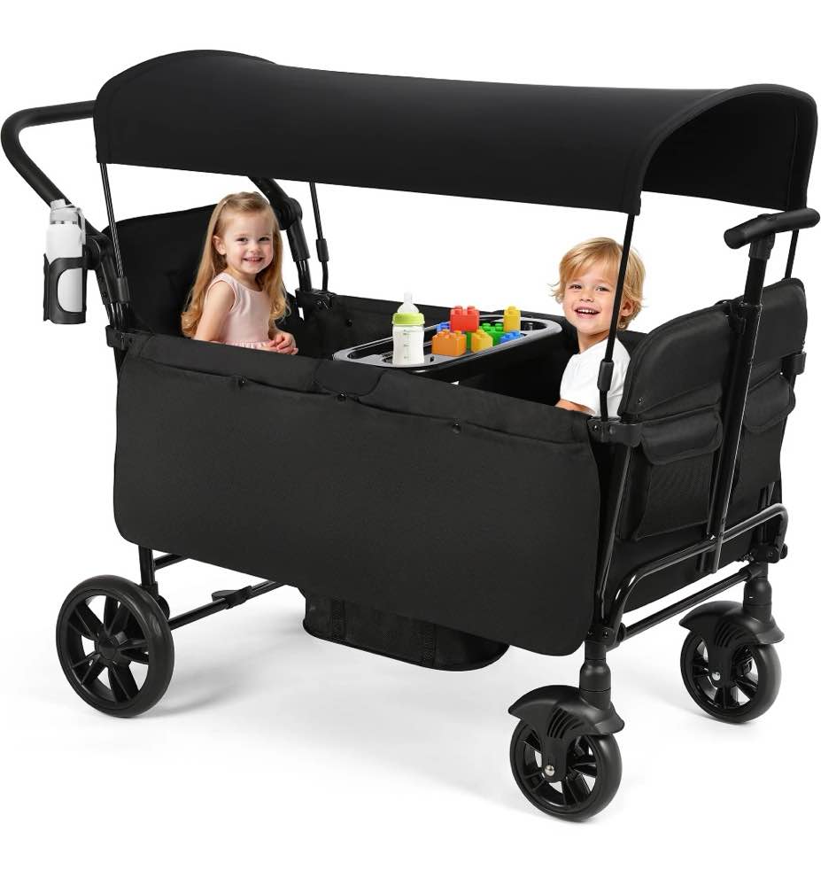 vomeast wagon stroller for kids,spacious 2-seater stroller wagon with adjustable canopy,pull & push handle,5-point harness,foldable for toddlers, black