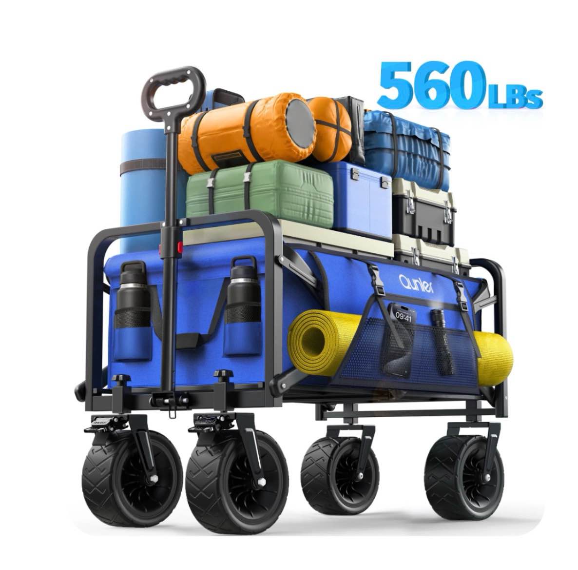 Qunler 560lbs Collapsible Folding Wagon, Heavy Duty Utility Beach Cart with 8" Wheels and Side Pocket, Large Capacity for Camping, Beach, Shopping, Sports, Outdoor, Blue