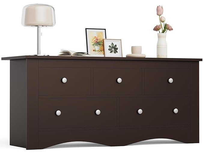 furmax dresser for bedroom, 5 wood dresser, chest of drawers, for tv up to 65 inch, tv stand storage chest of drawers for hallway entryway (brown)