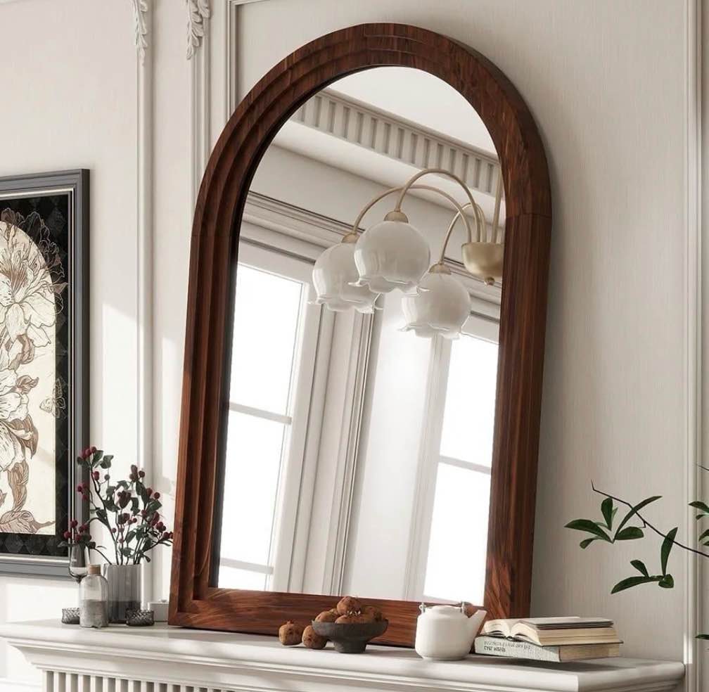 beautypeak 40"x 30" arched bathroom mirror wall mirror wooden frame,brown