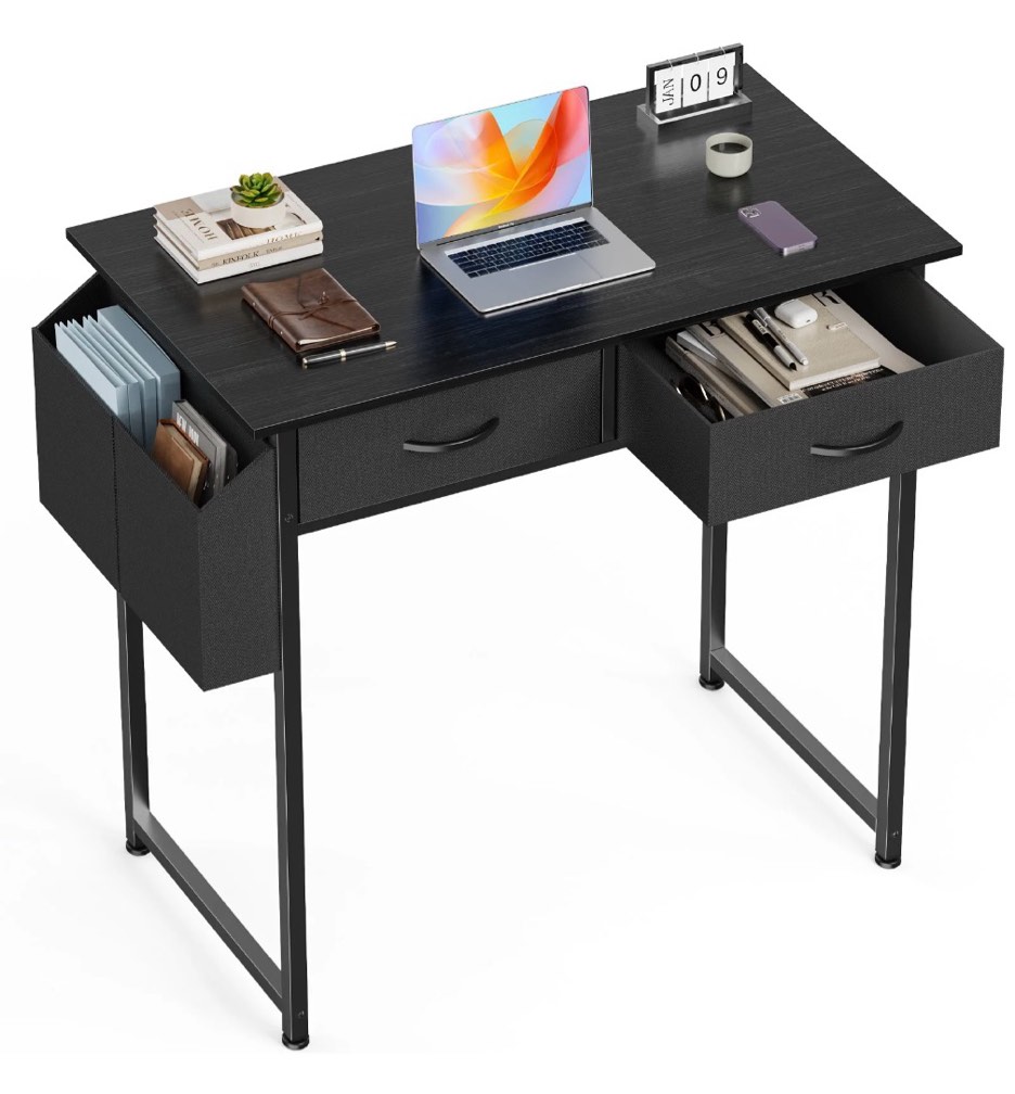 CONCETTA 32 inch Small Computer Desk with Fabric Drawers & Storage Bag Iron Hook for Bedroom, Black