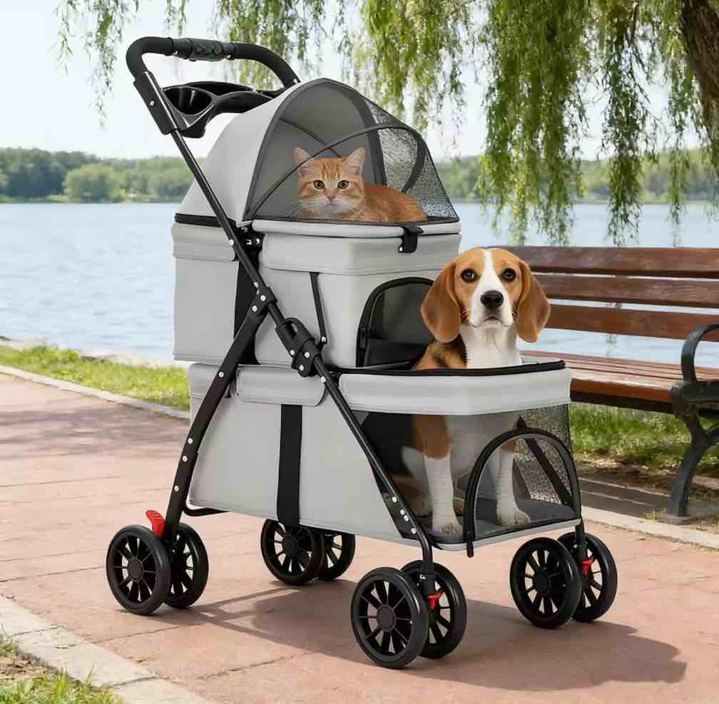 Puedo Double Pet Stroller for Small Cats and Dogs, Foldable Kittens Puppies Travel Strolling Cart with 2 Carriages, Lockable Wheels (Gray)