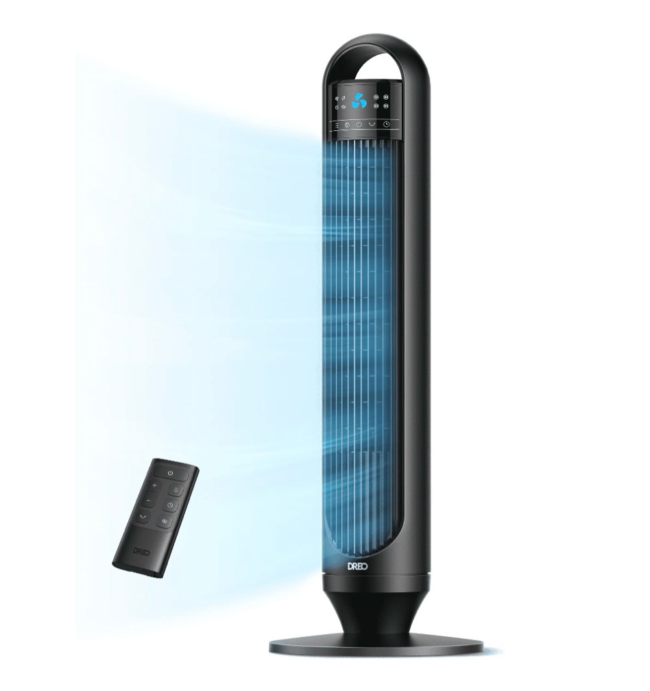 DREO Tower Fans for Home, 32" Standing Floor Fan, 26 ft/S Bladeless Fan with Remote, 90° Oscillating, 3 Modes, 3 Speeds, LED Display, 8H Timer, Quiet Room Fan