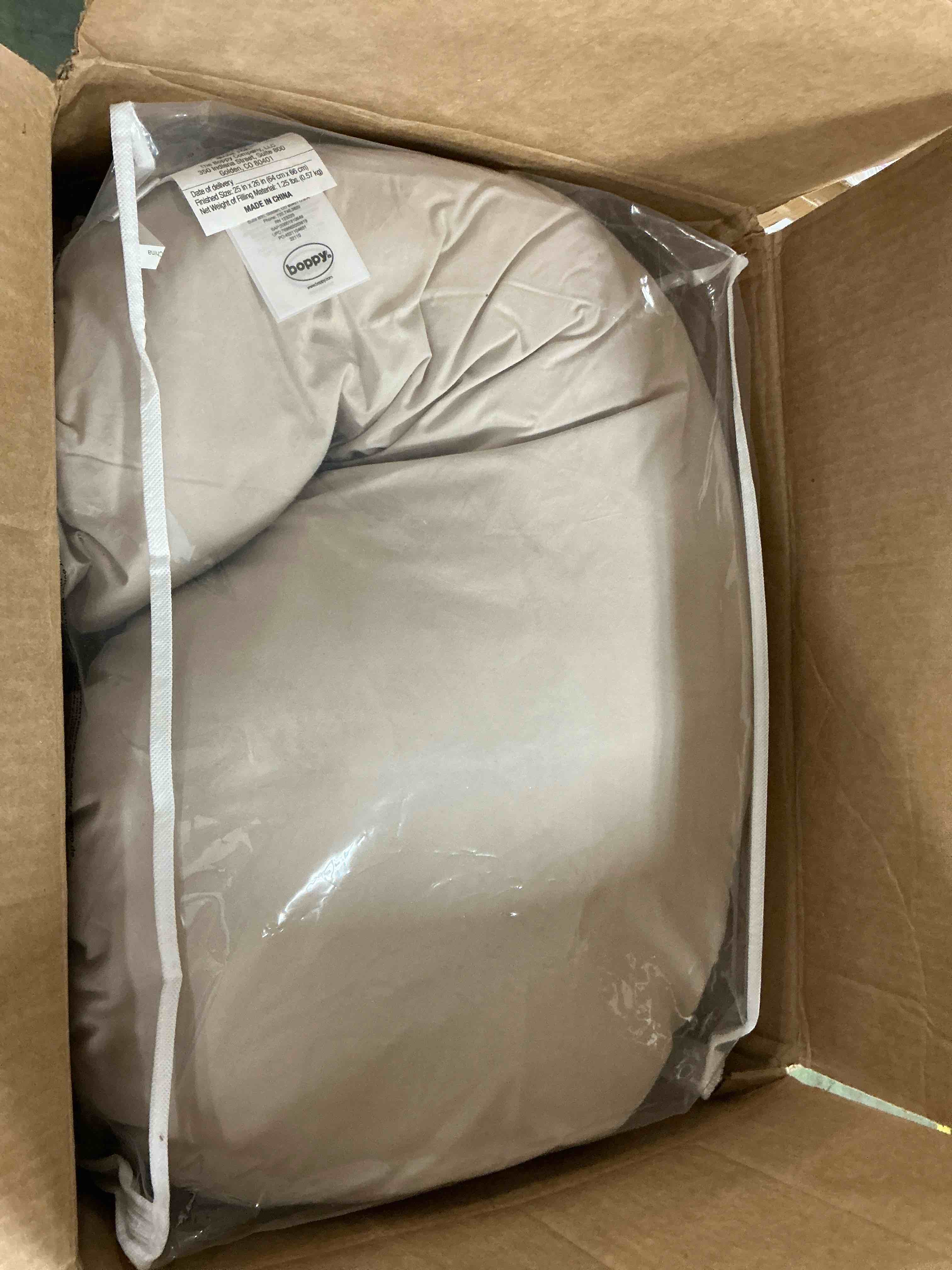 Condition photo showing Good Condition for boppy cuddle pillow with 100% organic cotton removable cover, hypoallergenic fiber fill, contoured for support for side sleeping, relieve shoulder pressure, align hips for lower back pain, biscuit