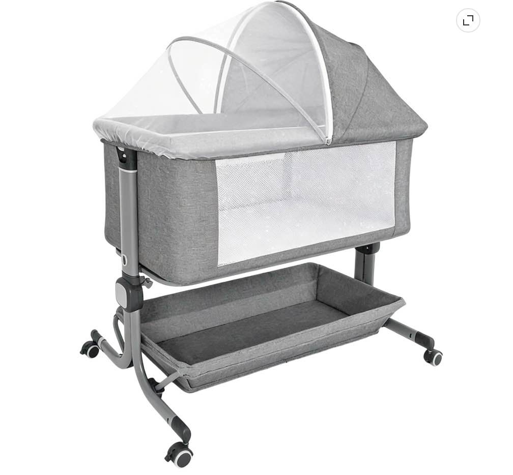 minikid baby bedside bassinet, 6 height adjustable crib with mosquito net&storage&lockable wheels for infants, light grey