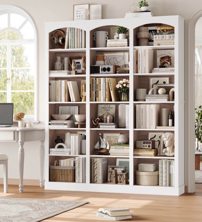 homfa 18-cube bookcase and bookshelves, 71.2" triple width 6 tier freestanding arch library cabinet for home office living room, white bark texture & walnut