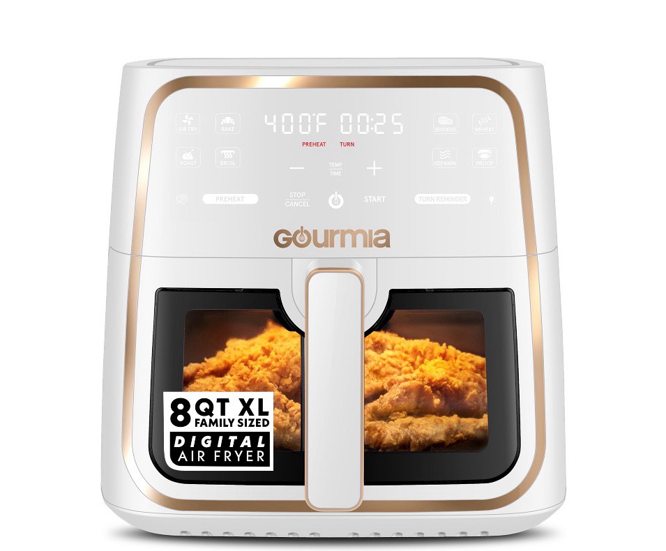 gourmia 8 qt air fryer 8 presets with digital display fryforce 360° technology easy view window & interior light dishwasher safe basket white