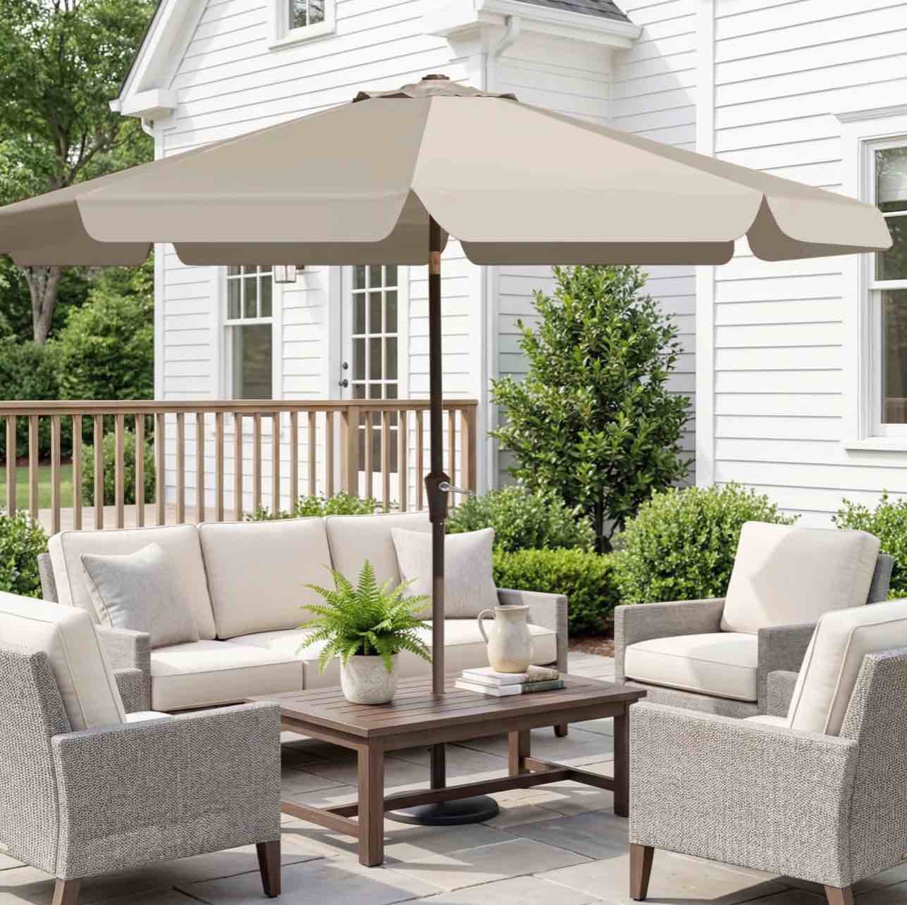 fundaze 9ft outdoor patio umbrella with tilt & crank, heavy duty round sun umbrella for garden, poolside, deck, backyard?beige