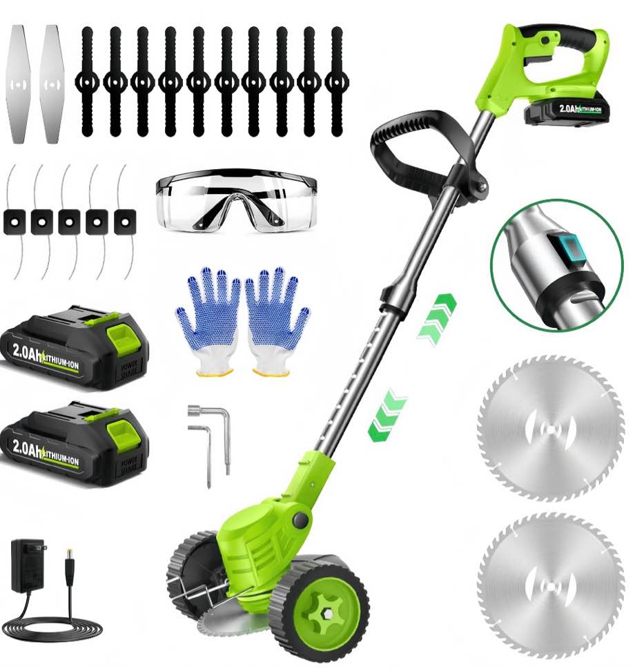 teblint 800w electric weed wacker, cordless string trimmer, weed eater grass trimmer/edger/cutter with wheels, 2pcs 21v batteries, 4 types of blades, adjustable length for lawn yard garden (green)