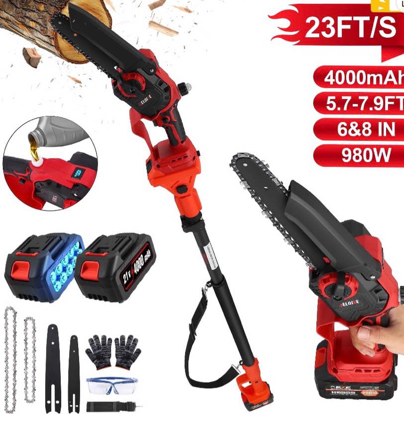 reloive 2-in-1 cordless pole saw & 6"&8" mini chainsaw with, 5.7-7.9ft telescoping branch cutter with 2pcs 4000mah batteries and a charger, brushless electric pole saw for tree trimming, wood cutting