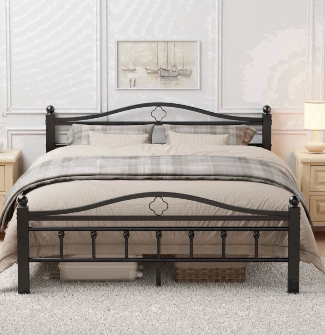 queen bed frame with headboard - heavy duty bed frame queen size supports 1500lbs, noise free, under-bed storage, no box spring needed, easy assembly, black