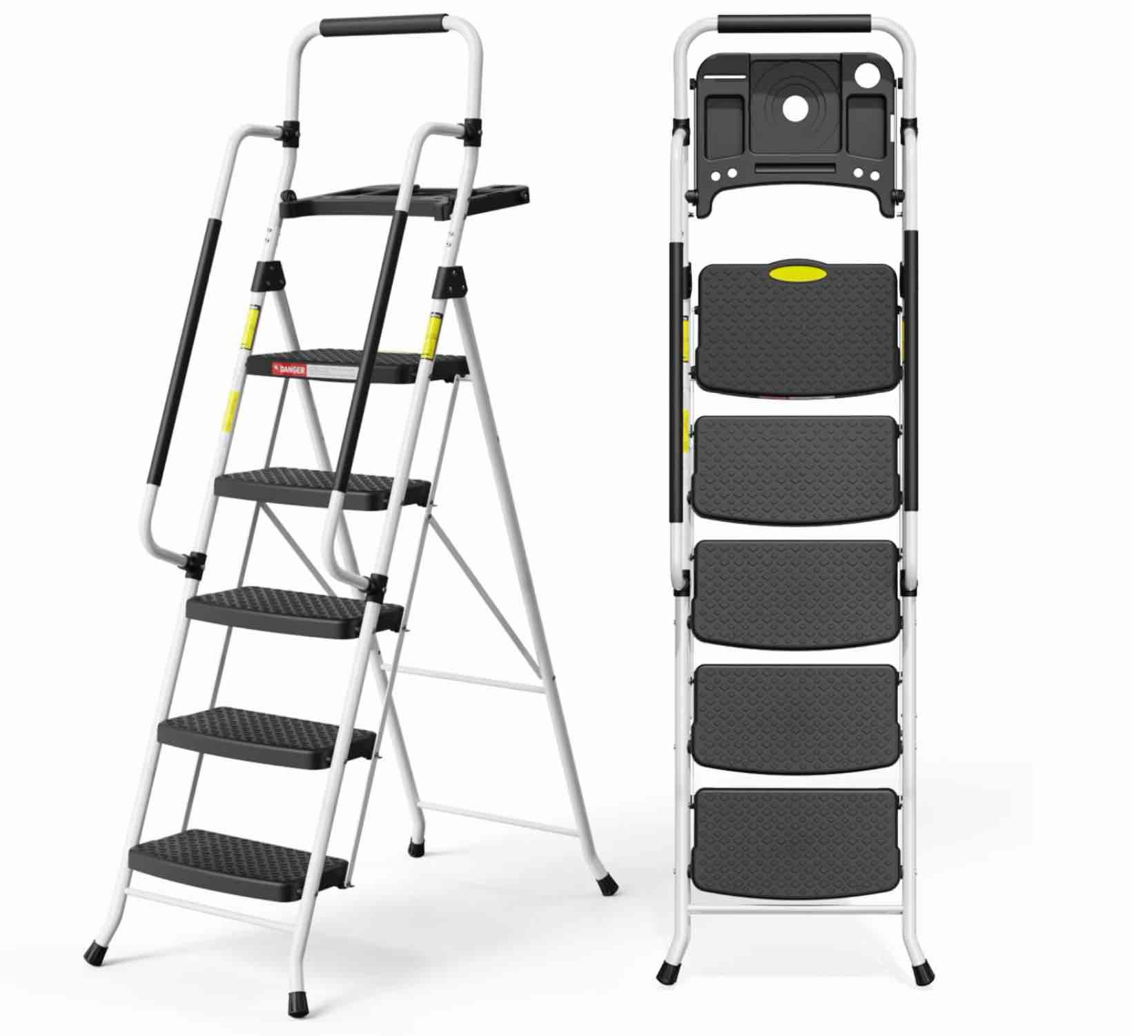 hbtower folding 5-step ladder with handrails and tool tray anti-slip wide pedals safety ladder for adults white